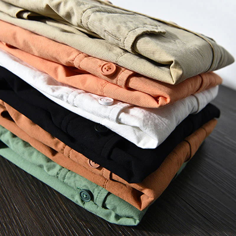 Camicia casual in cotone di colore puro con colletto rovesciato a maniche lunghe da uomo Buddha Stones con tasca - Image 20