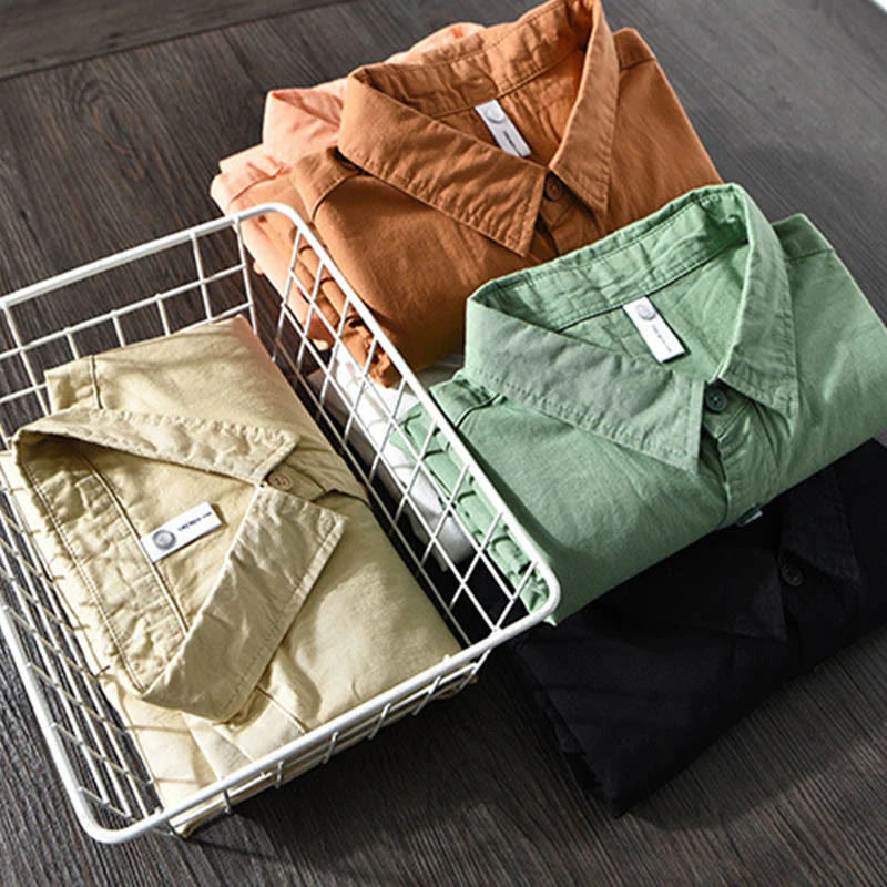 Camicia casual in cotone di colore puro con colletto rovesciato a maniche lunghe da uomo Buddha Stones con tasca - Image 21