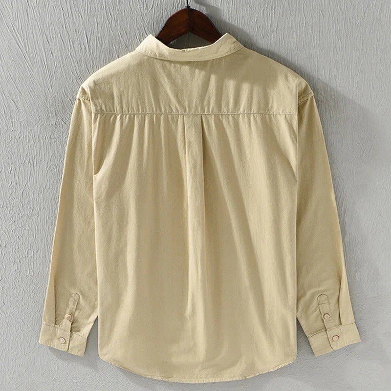 Camicia casual in cotone di colore puro con colletto rovesciato a maniche lunghe da uomo Buddha Stones con tasca - Image 3