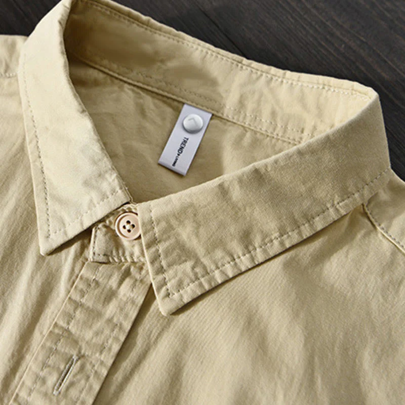 Camicia casual in cotone di colore puro con colletto rovesciato a maniche lunghe da uomo Buddha Stones con tasca - Image 4