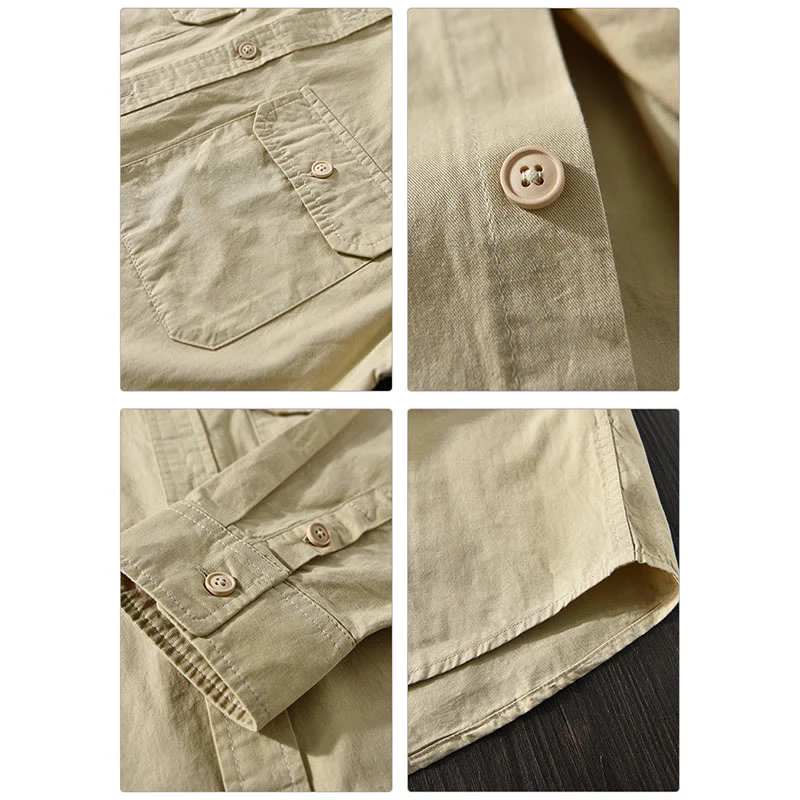 Camicia casual in cotone di colore puro con colletto rovesciato a maniche lunghe da uomo Buddha Stones con tasca - Image 9