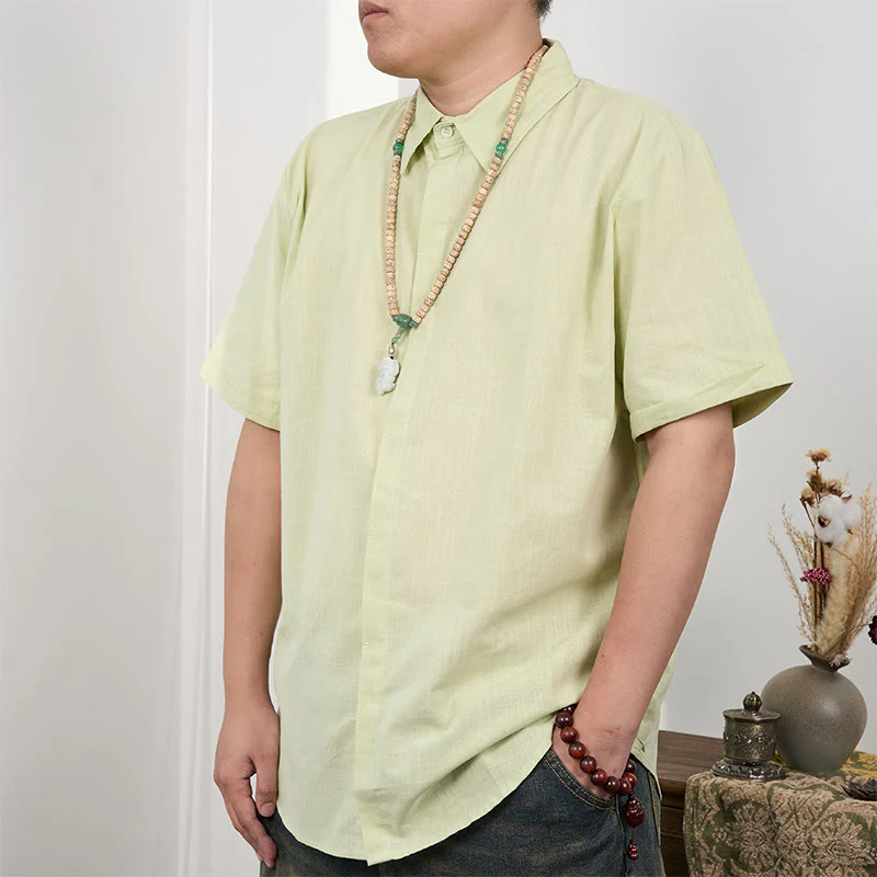 Camicia casual in cotone e lino con bottoni a maniche corte da uomo Buddha Stones - Image 13