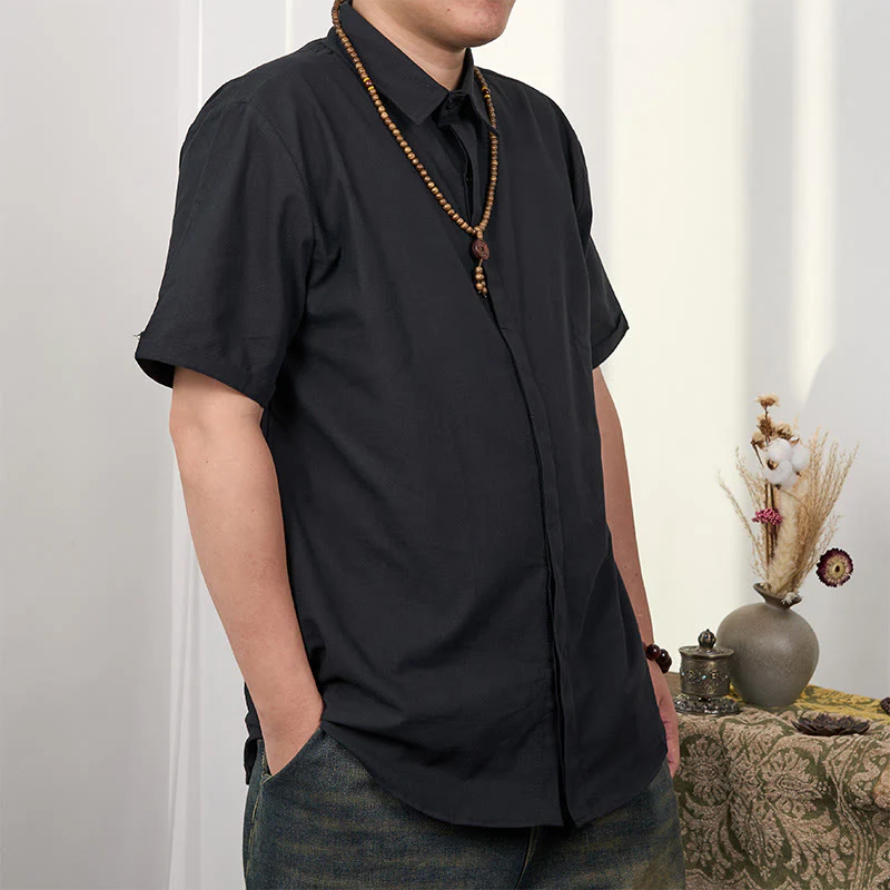 Camicia casual in cotone e lino con bottoni a maniche corte da uomo Buddha Stones - Image 4
