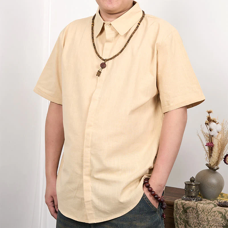 Camicia casual in cotone e lino con bottoni a maniche corte da uomo Buddha Stones - Image 7
