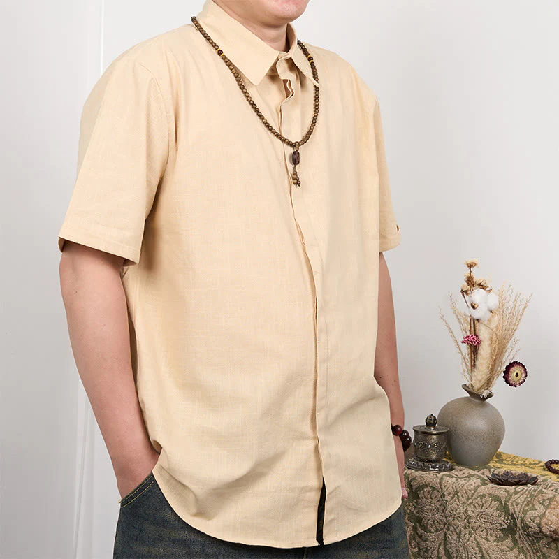 Camicia casual in cotone e lino con bottoni a maniche corte da uomo Buddha Stones - Image 8