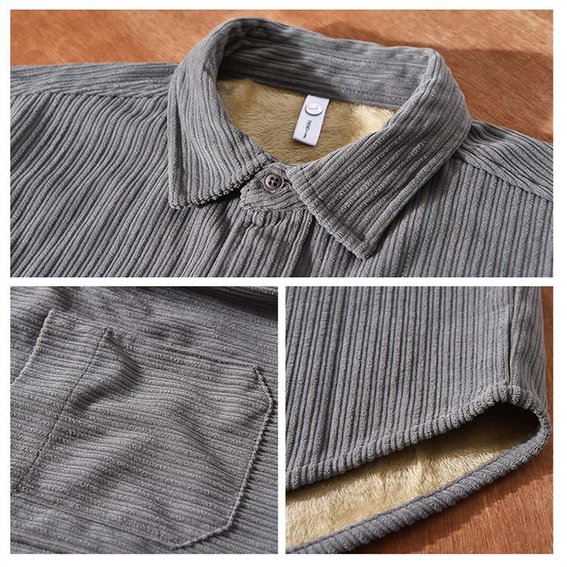 Camicia comoda in velluto a coste con fodera in pile a maniche lunghe da uomo Buddha Stones con tasca - Image 12