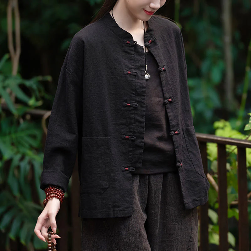 Camicia con bottoni a forma di rana Buddha Stones, abbigliamento da meditazione zen, giacca in cotone e lino - Image 11