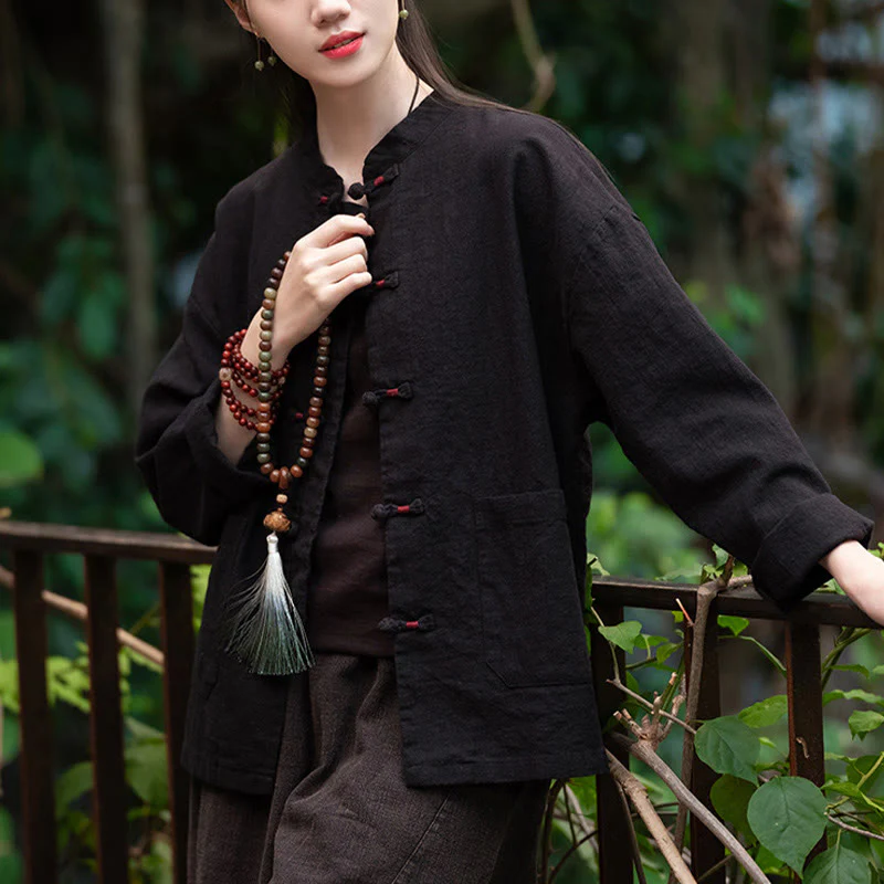Camicia con bottoni a forma di rana Buddha Stones, abbigliamento da meditazione zen, giacca in cotone e lino - Image 12