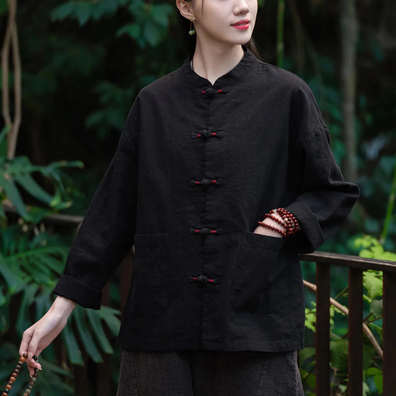 Camicia con bottoni a forma di rana Buddha Stones, abbigliamento da meditazione zen, giacca in cotone e lino - Image 13