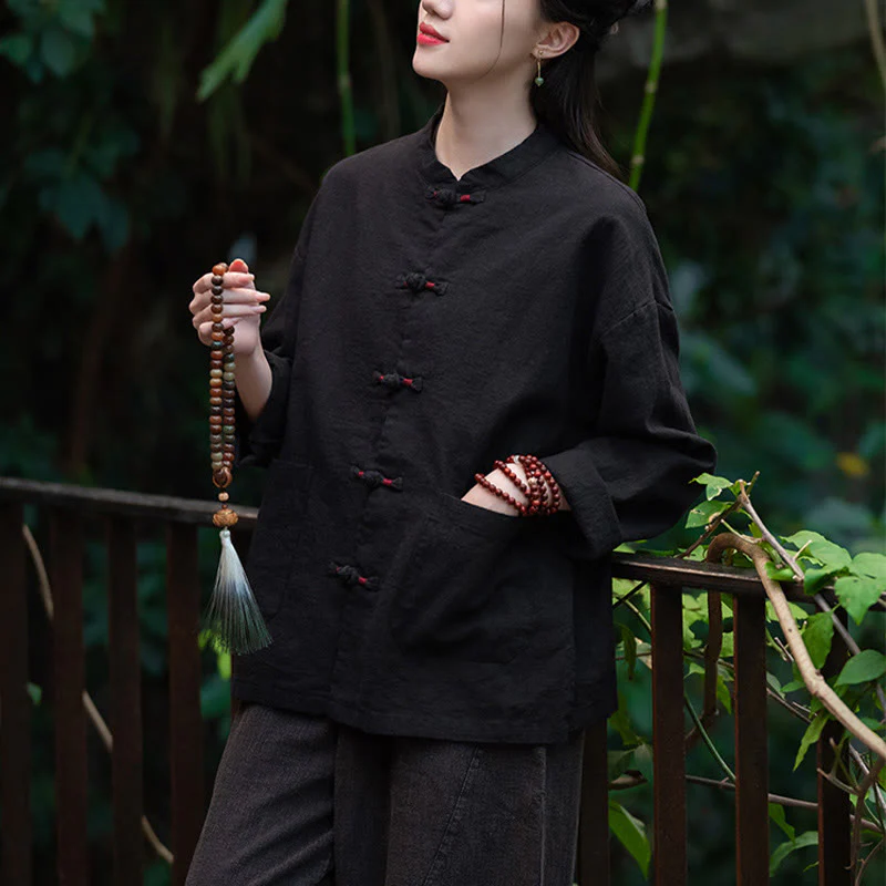 Camicia con bottoni a forma di rana Buddha Stones, abbigliamento da meditazione zen, giacca in cotone e lino - Image 15