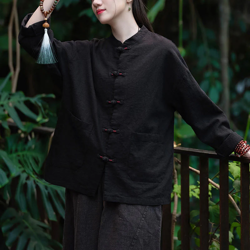 Camicia con bottoni a forma di rana Buddha Stones, abbigliamento da meditazione zen, giacca in cotone e lino - Image 16