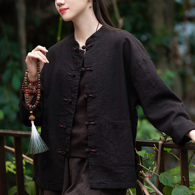 Camicia con bottoni a forma di rana Buddha Stones, abbigliamento da meditazione zen, giacca in cotone e lino - Image 17
