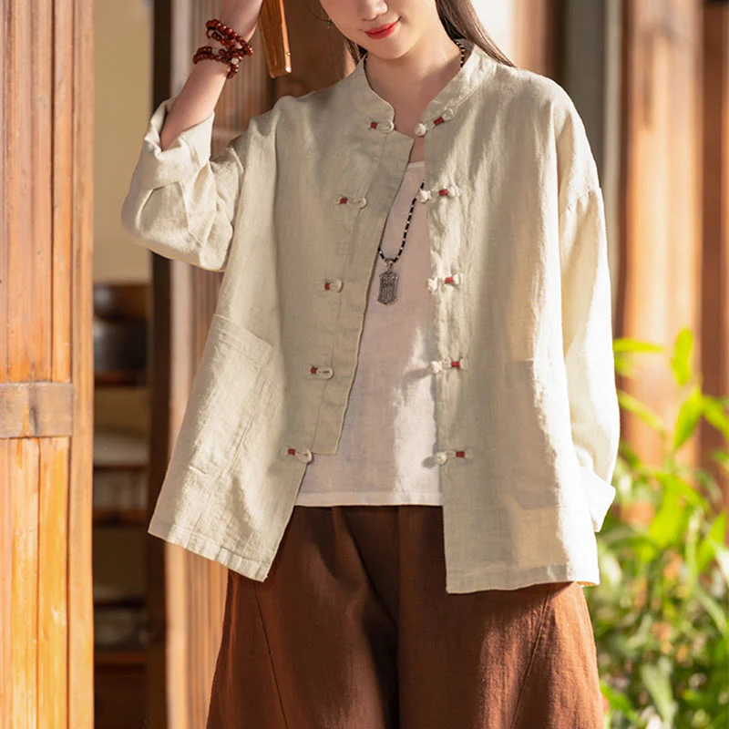 Camicia con bottoni a forma di rana Buddha Stones, abbigliamento da meditazione zen, giacca in cotone e lino - Image 2