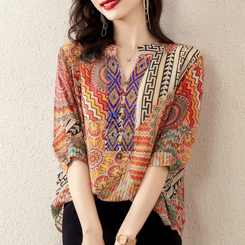 Camicia con mezza abbottonatura e mandala geometrico da donna Buddha Stones - Image 20