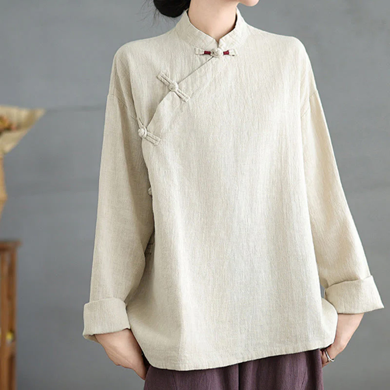 Camicia da donna a maniche lunghe con bottoni a rana e tinta unita Buddha Stones