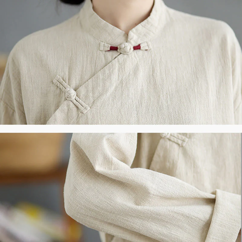 Camicia da donna a maniche lunghe con bottoni a rana e tinta unita Buddha Stones - Image 10