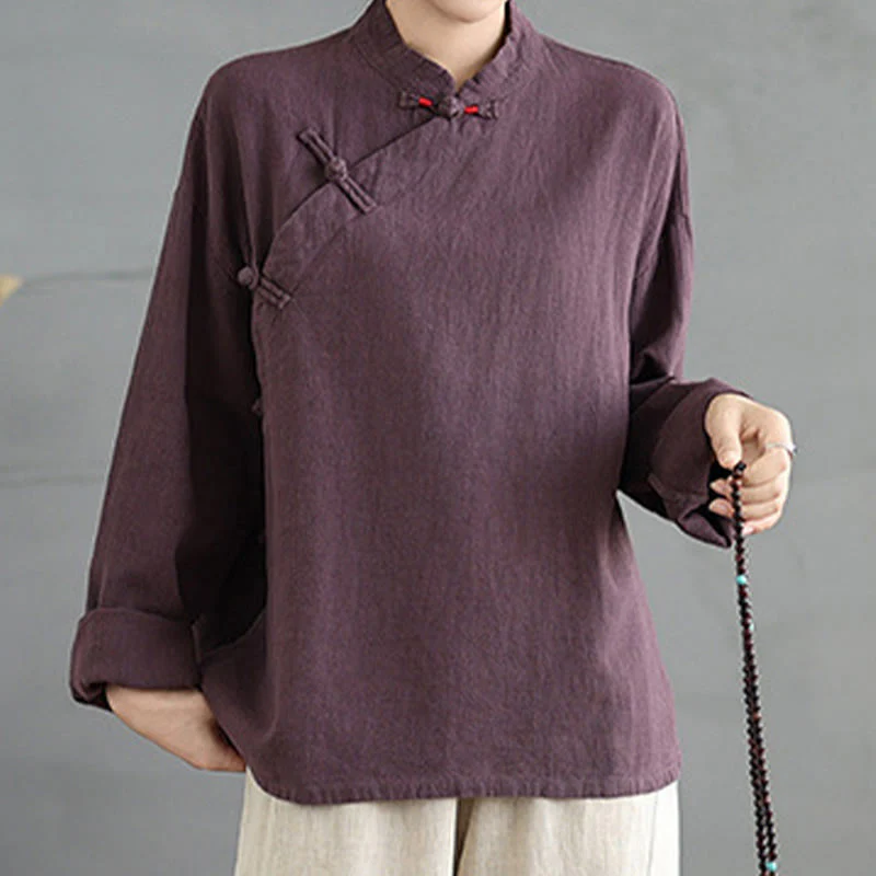 Camicia da donna a maniche lunghe con bottoni a rana e tinta unita Buddha Stones - Image 14