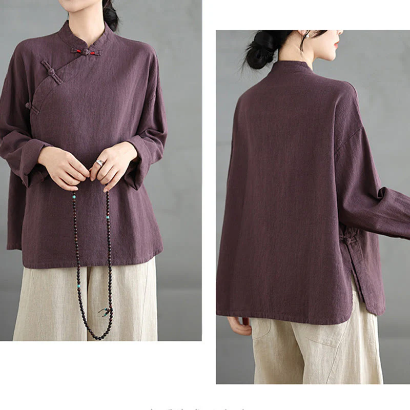 Camicia da donna a maniche lunghe con bottoni a rana e tinta unita Buddha Stones - Image 16