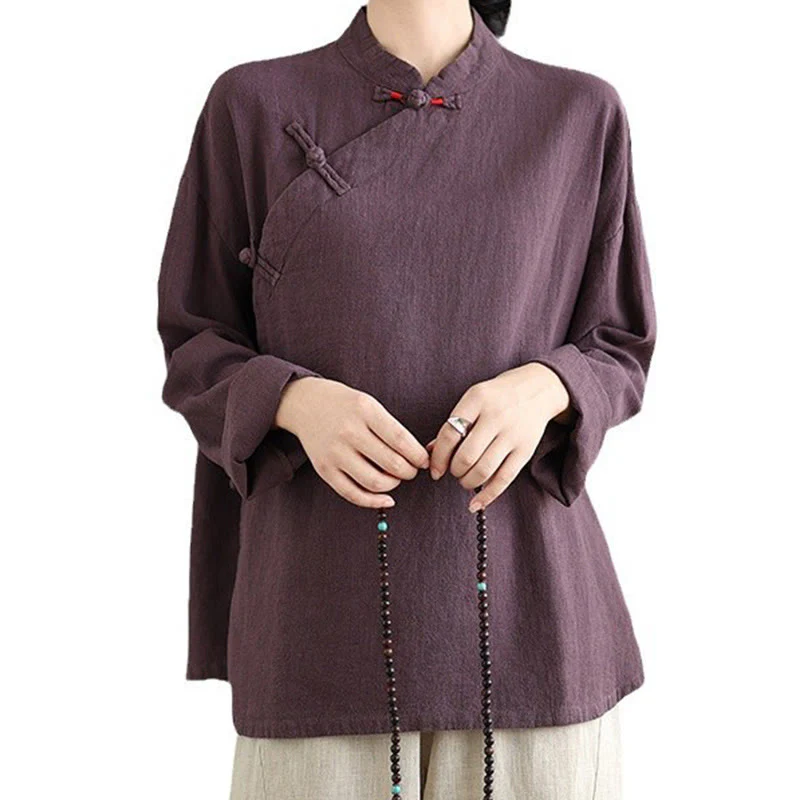 Camicia da donna a maniche lunghe con bottoni a rana e tinta unita Buddha Stones - Image 17