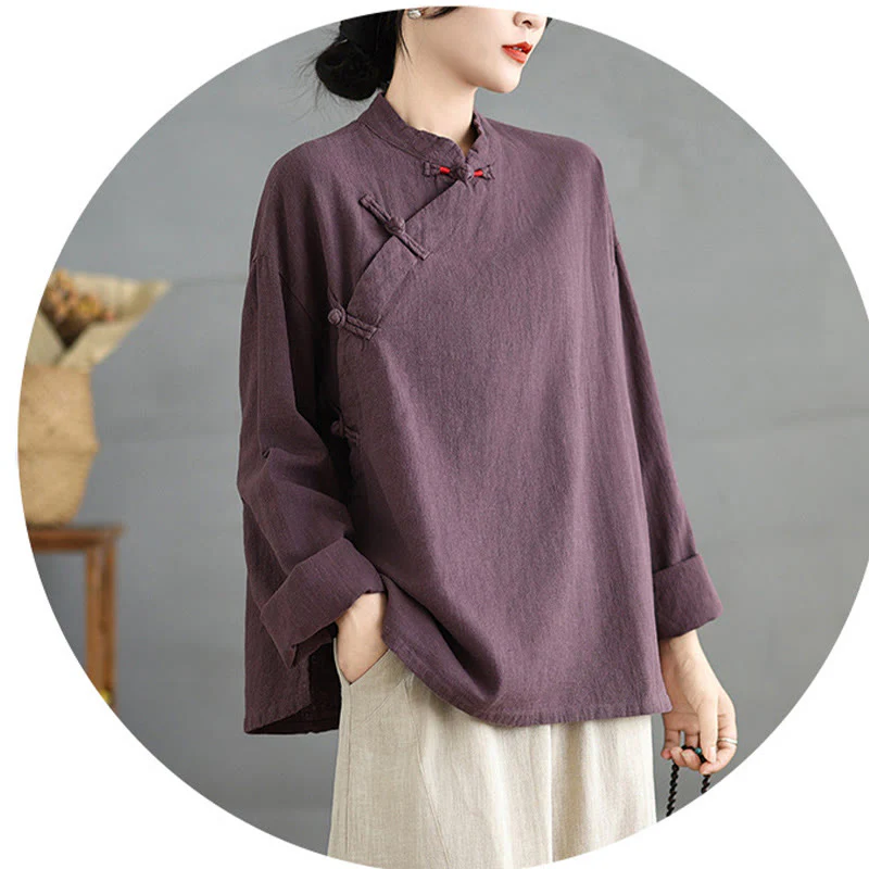 Camicia da donna a maniche lunghe con bottoni a rana e tinta unita Buddha Stones - Image 18
