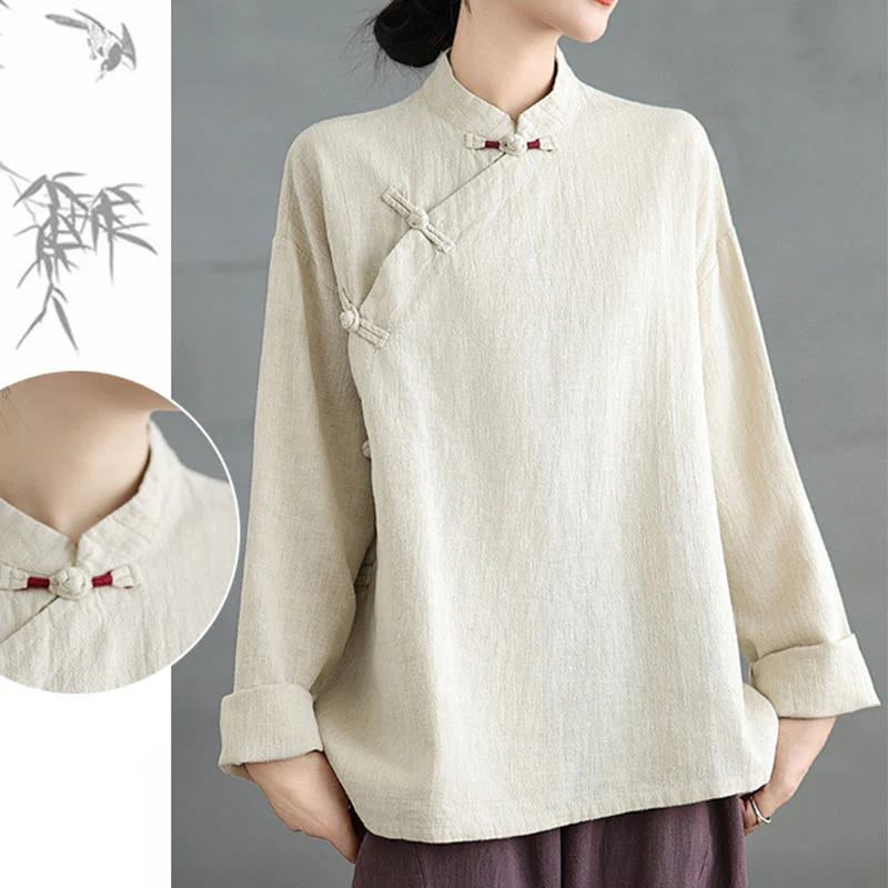 Camicia da donna a maniche lunghe con bottoni a rana e tinta unita Buddha Stones - Image 19