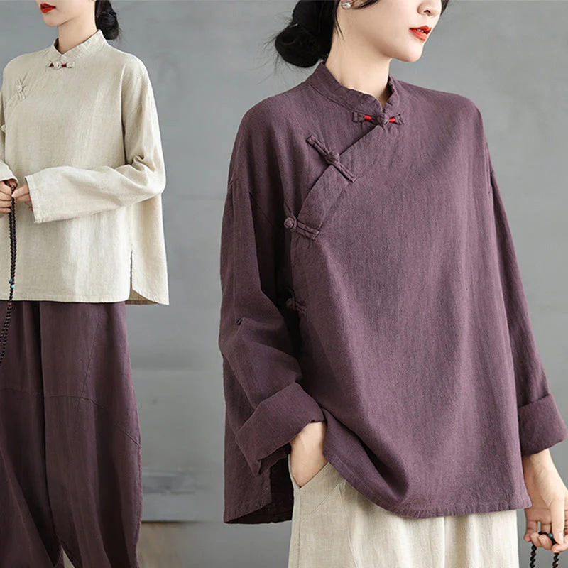 Camicia da donna a maniche lunghe con bottoni a rana e tinta unita Buddha Stones - Image 20