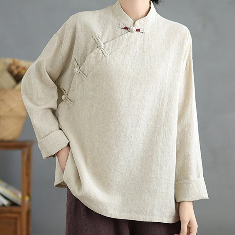 Camicia da donna a maniche lunghe con bottoni a rana e tinta unita Buddha Stones - Image 3