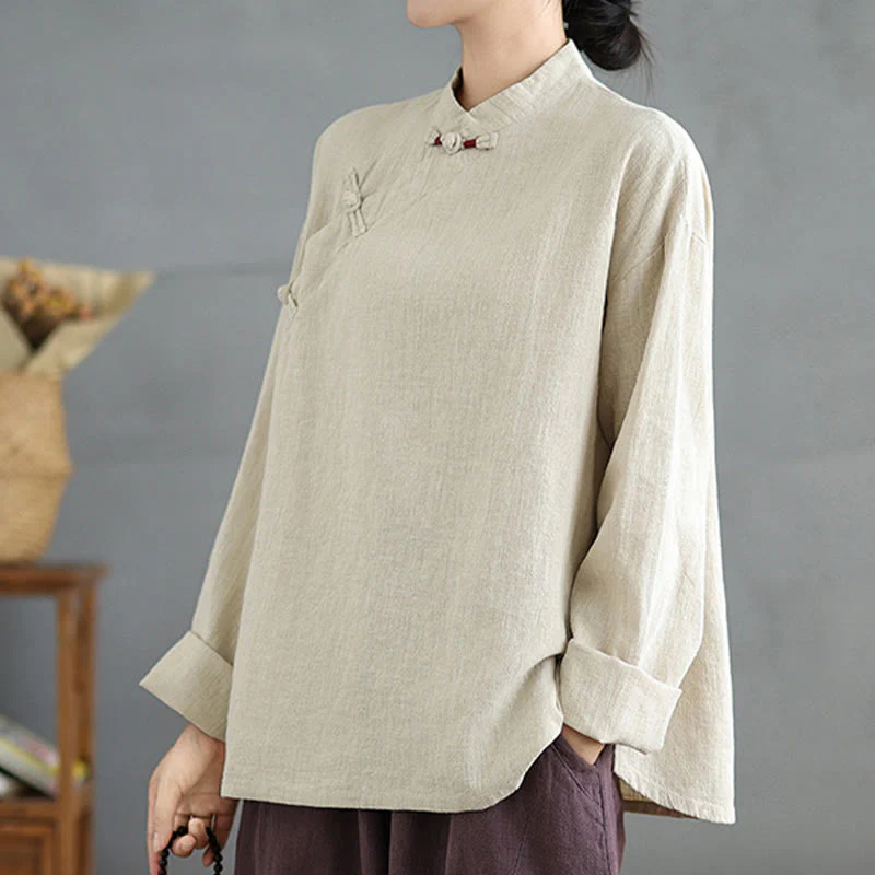 Camicia da donna a maniche lunghe con bottoni a rana e tinta unita Buddha Stones - Image 4