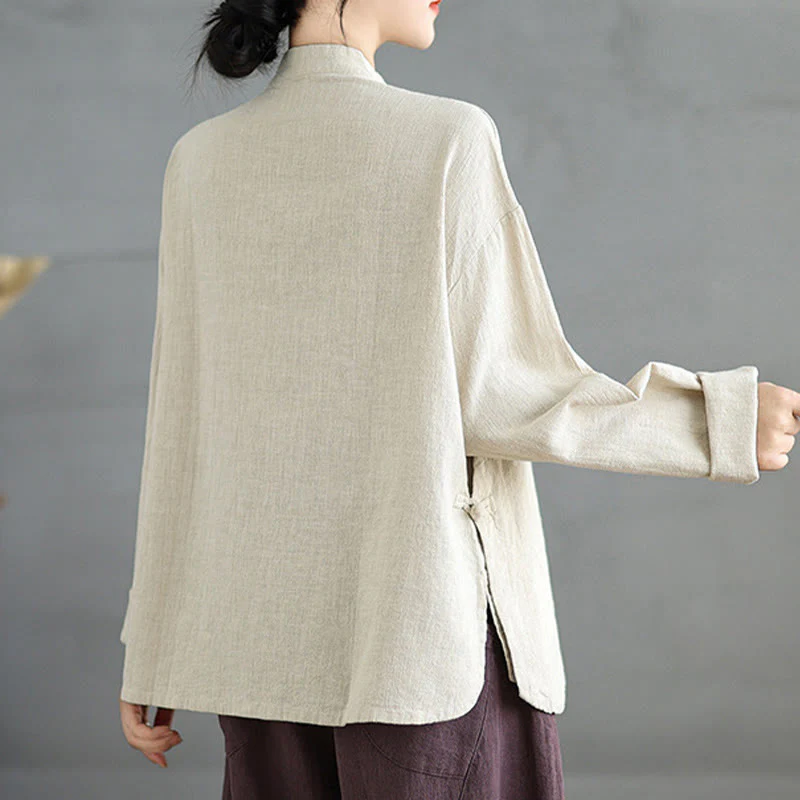 Camicia da donna a maniche lunghe con bottoni a rana e tinta unita Buddha Stones - Image 5