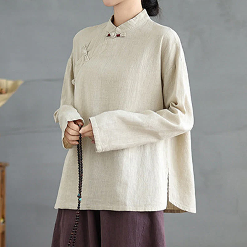 Camicia da donna a maniche lunghe con bottoni a rana e tinta unita Buddha Stones - Image 6