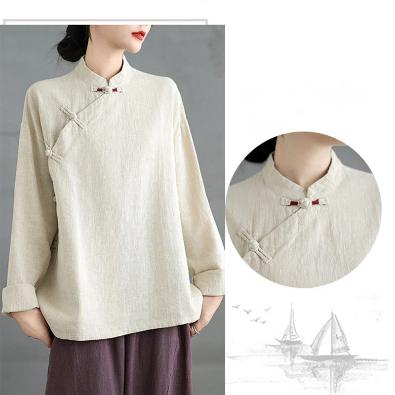 Camicia da donna a maniche lunghe con bottoni a rana e tinta unita Buddha Stones - Image 7
