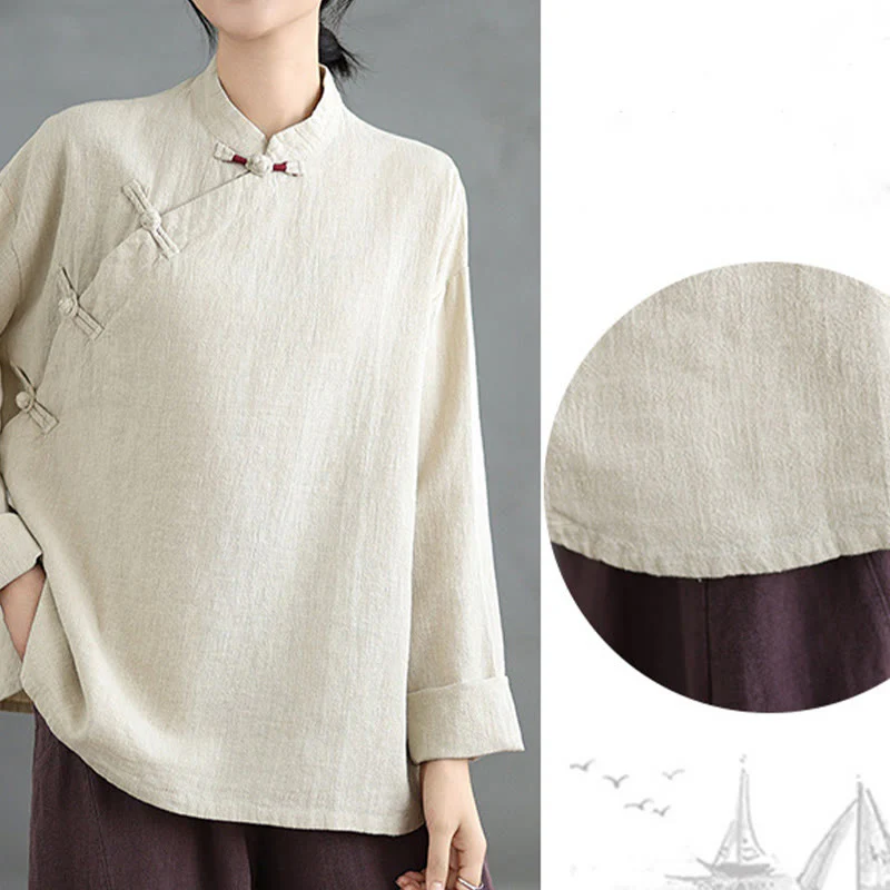Camicia da donna a maniche lunghe con bottoni a rana e tinta unita Buddha Stones - Image 8