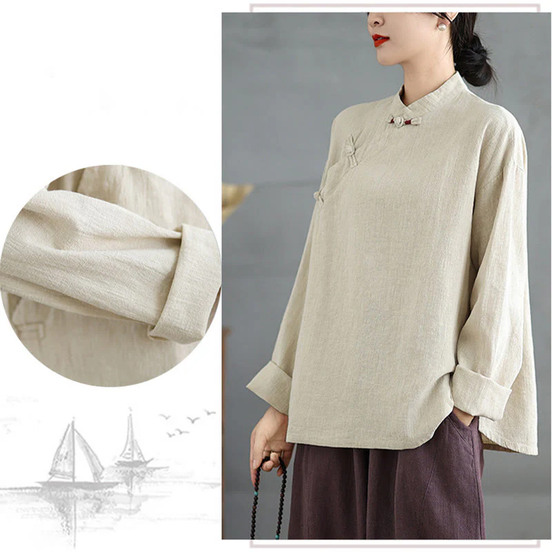 Camicia da donna a maniche lunghe con bottoni a rana e tinta unita Buddha Stones - Image 9