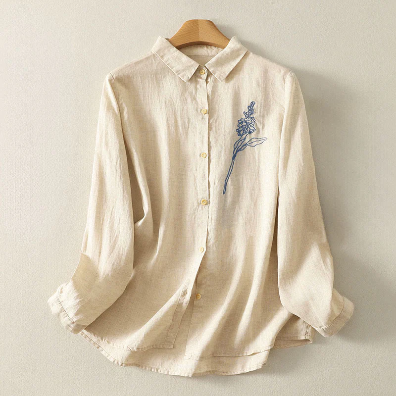 Camicia da donna a maniche lunghe con bottoni e fiori ricamati primaverili Buddha Stones - Image 2