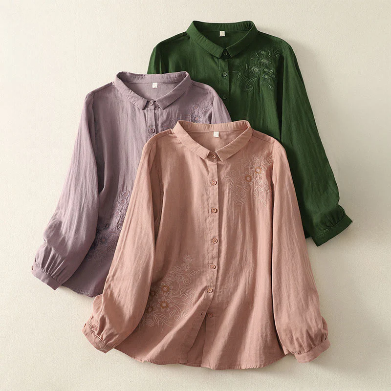 Camicia da donna a maniche lunghe con risvolto, motivo a tralci di fiori ricamati con Buddha Stones