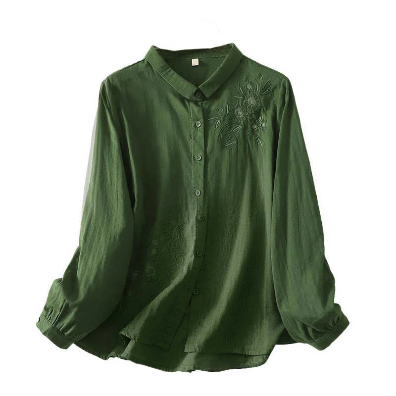 Camicia da donna a maniche lunghe con risvolto, motivo a tralci di fiori ricamati con Buddha Stones - Image 7