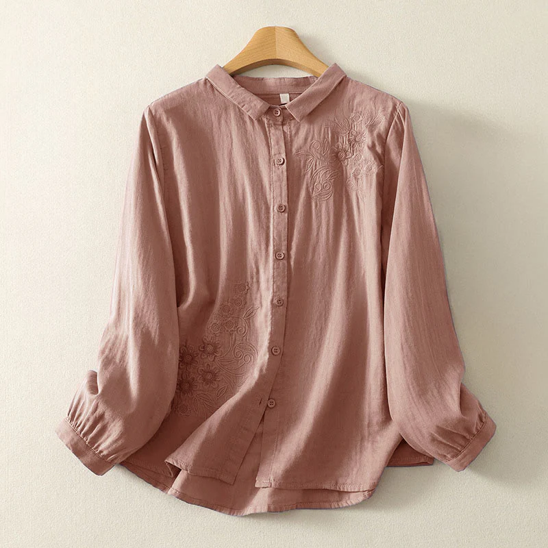 Camicia da donna a maniche lunghe con risvolto, motivo a tralci di fiori ricamati con Buddha Stones - Image 8