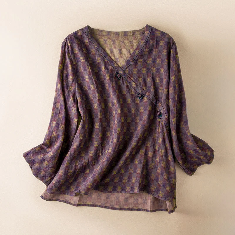 Camicia da donna a maniche lunghe con scollo a V e motivo floreale stampato Buddha Stones Spring