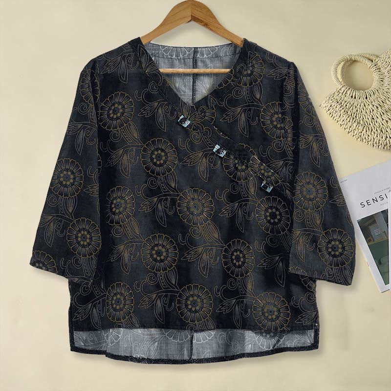 Camicia da donna a maniche lunghe con scollo a V e motivo floreale stampato Buddha Stones Spring - Image 12