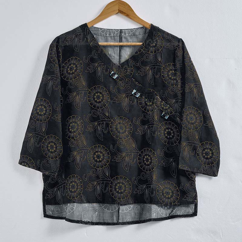 Camicia da donna a maniche lunghe con scollo a V e motivo floreale stampato Buddha Stones Spring - Image 13