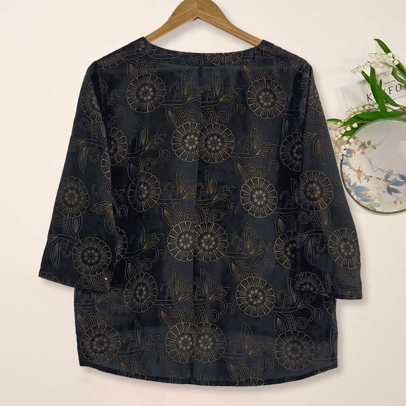 Camicia da donna a maniche lunghe con scollo a V e motivo floreale stampato Buddha Stones Spring - Image 14