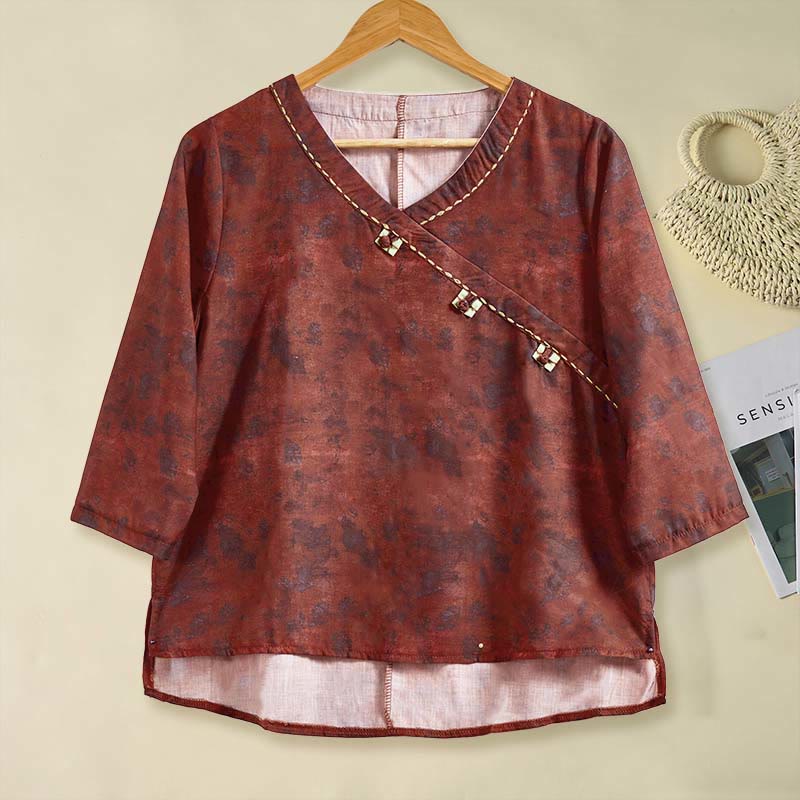 Camicia da donna a maniche lunghe con scollo a V e motivo floreale stampato Buddha Stones Spring - Image 15