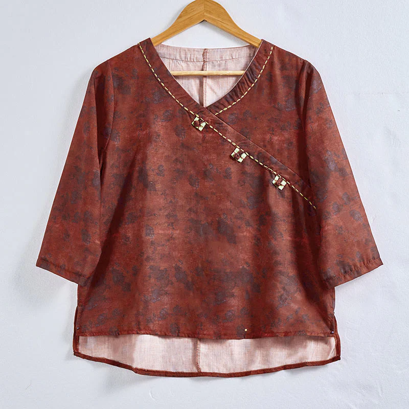 Camicia da donna a maniche lunghe con scollo a V e motivo floreale stampato Buddha Stones Spring - Image 18