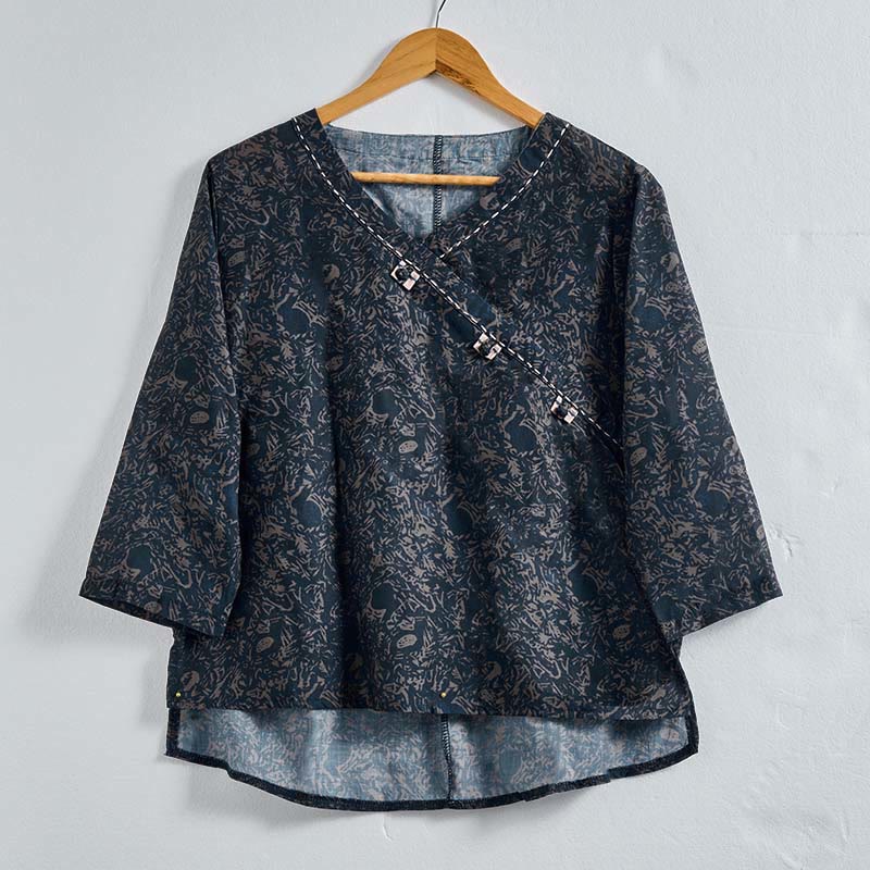 Camicia da donna a maniche lunghe con scollo a V e motivo floreale stampato Buddha Stones Spring - Image 19