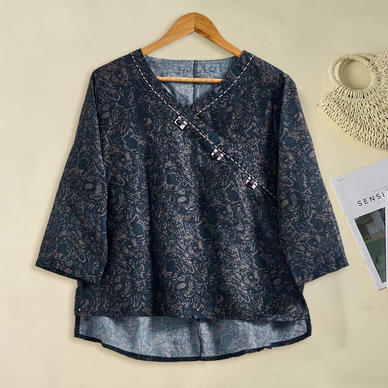 Camicia da donna a maniche lunghe con scollo a V e motivo floreale stampato Buddha Stones Spring - Image 21
