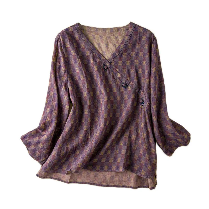 Camicia da donna a maniche lunghe con scollo a V e motivo floreale stampato Buddha Stones Spring - Image 7