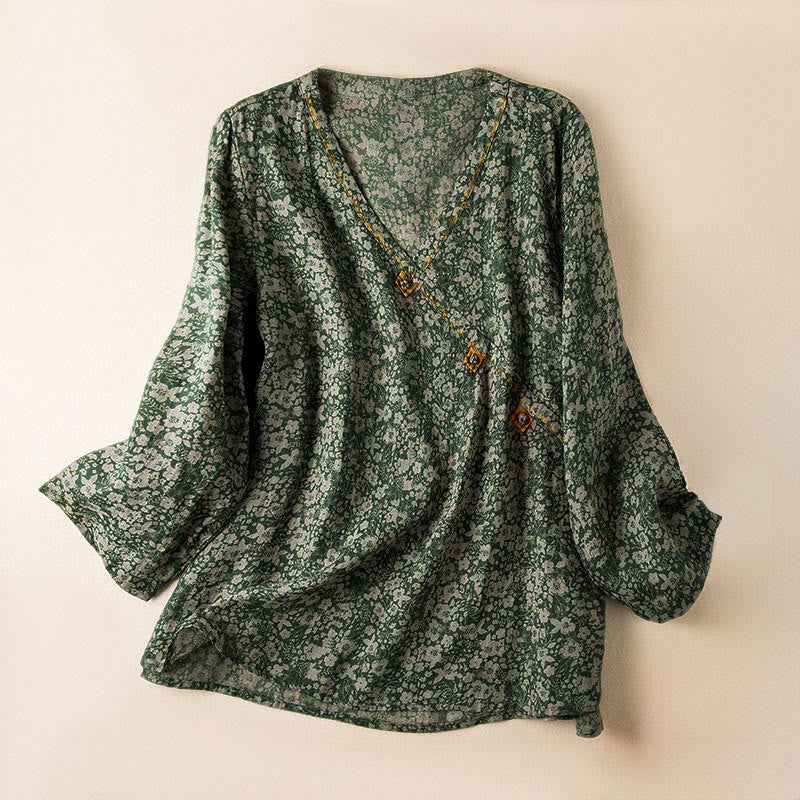 Camicia da donna a maniche lunghe con scollo a V e motivo floreale stampato Buddha Stones Spring - Image 8