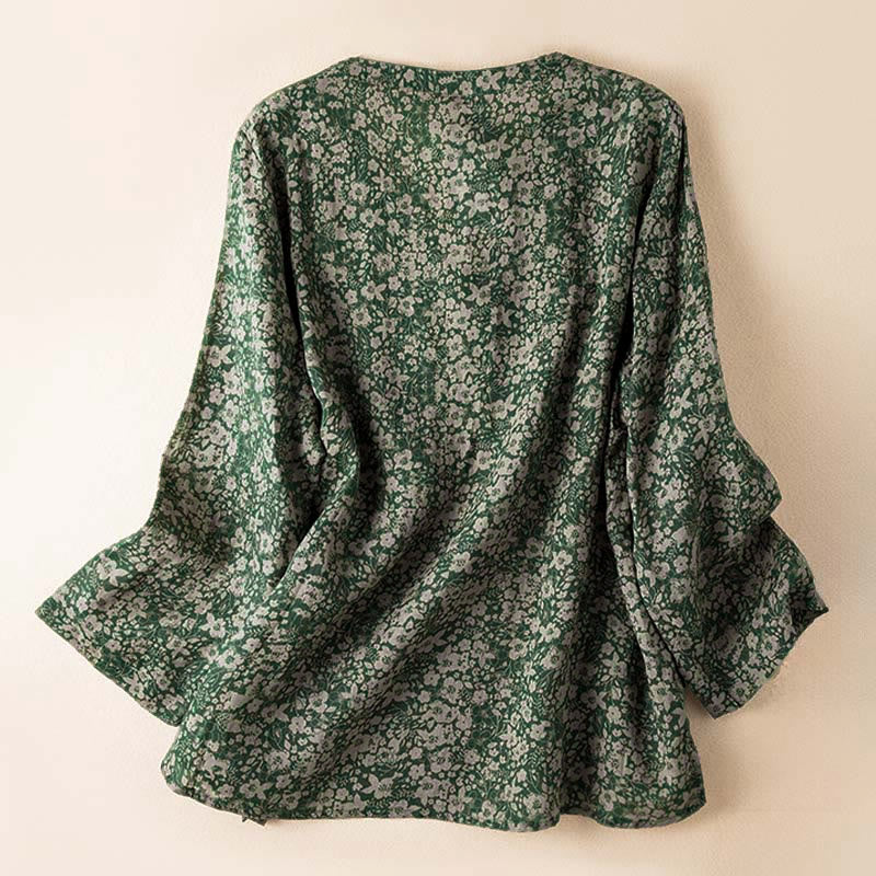 Camicia da donna a maniche lunghe con scollo a V e motivo floreale stampato Buddha Stones Spring - Image 9