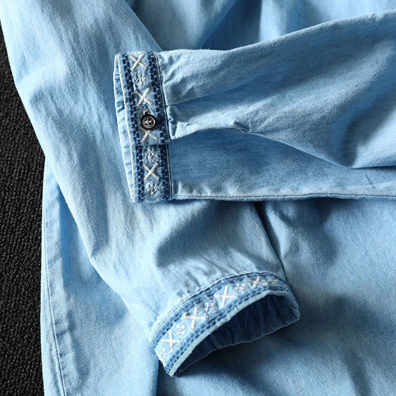Camicia da donna a maniche lunghe in denim di cotone con bottoni mezzi, ricamo floreale e geometrie Buddha Stones - Image 12