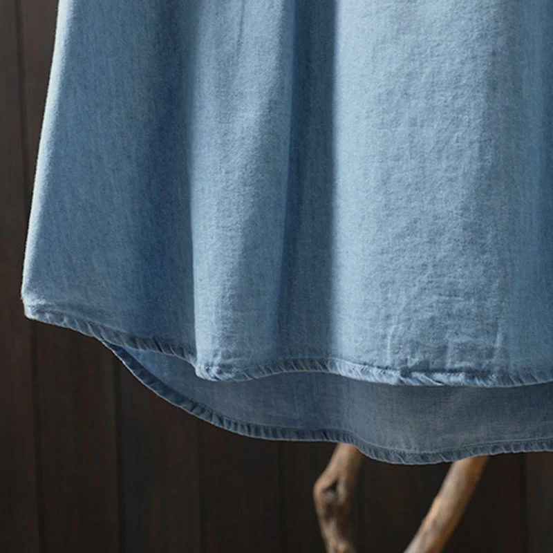 Camicia da donna a maniche lunghe in denim di cotone con bottoni mezzi, ricamo floreale e geometrie Buddha Stones - Image 14